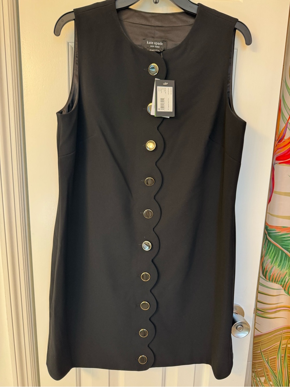 Kate Spade Black Sleeveless Scallop-Front Shift Dress with Black andGold Buttons